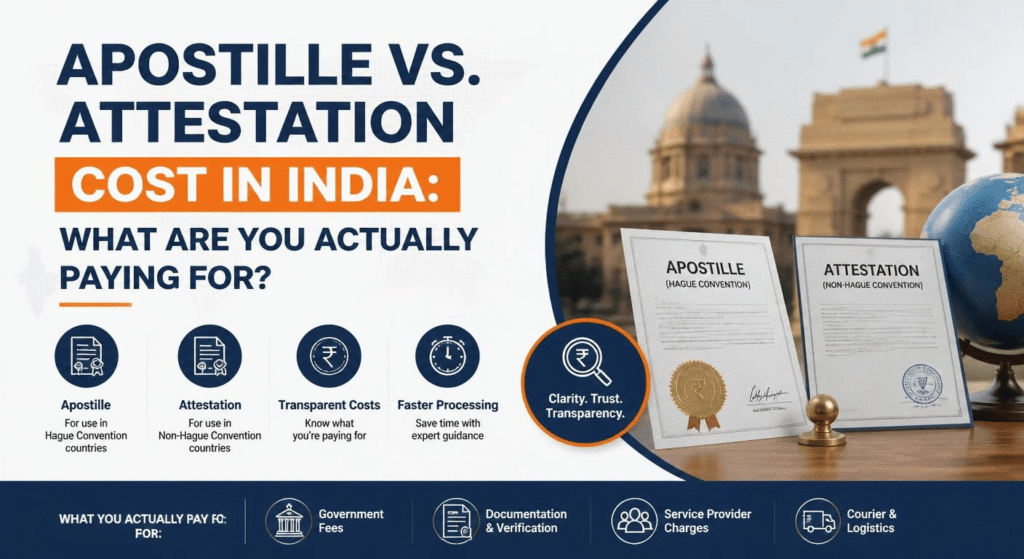 Apostille vs attestation cost in India showing document verification and processing fees