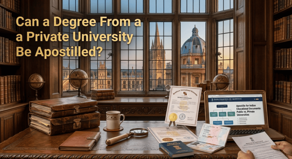 Degree certificate from a private university prepared for apostille verification