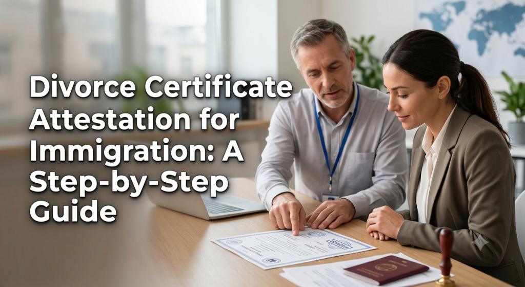 An immigration consultant reviewing an attested divorce decree certificate with a client at an office desk.