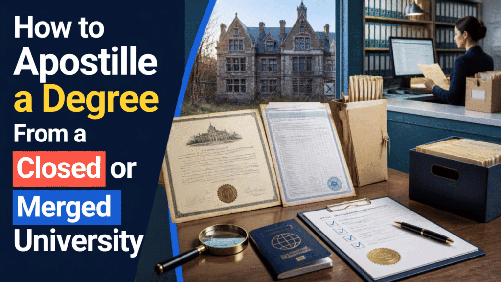 Graduate holding a diploma with a document and official seal icon representing an apostille