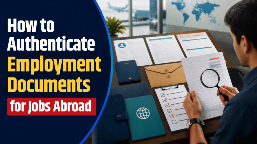 Labeled flow chart illustrating notary, MEA apostille, and embassy attestation steps for overseas employment verification.