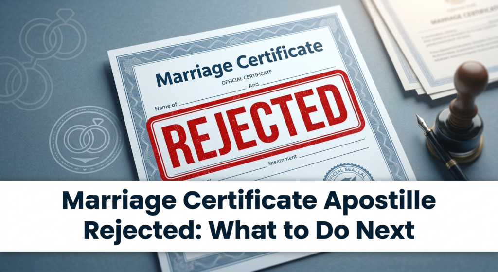An official marriage certificate stamped with a red rejection mark alongside immigration paperwork on a desk.