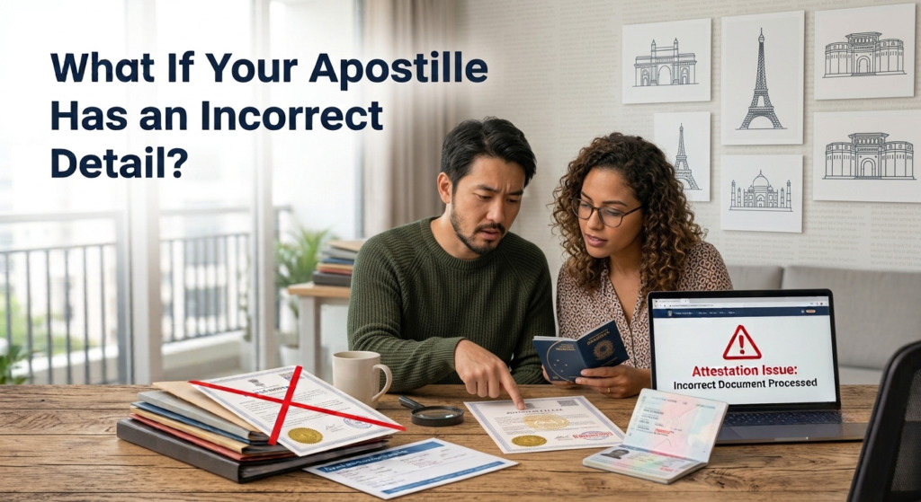 Apostilled document with an incorrect detail being reviewed for correction
