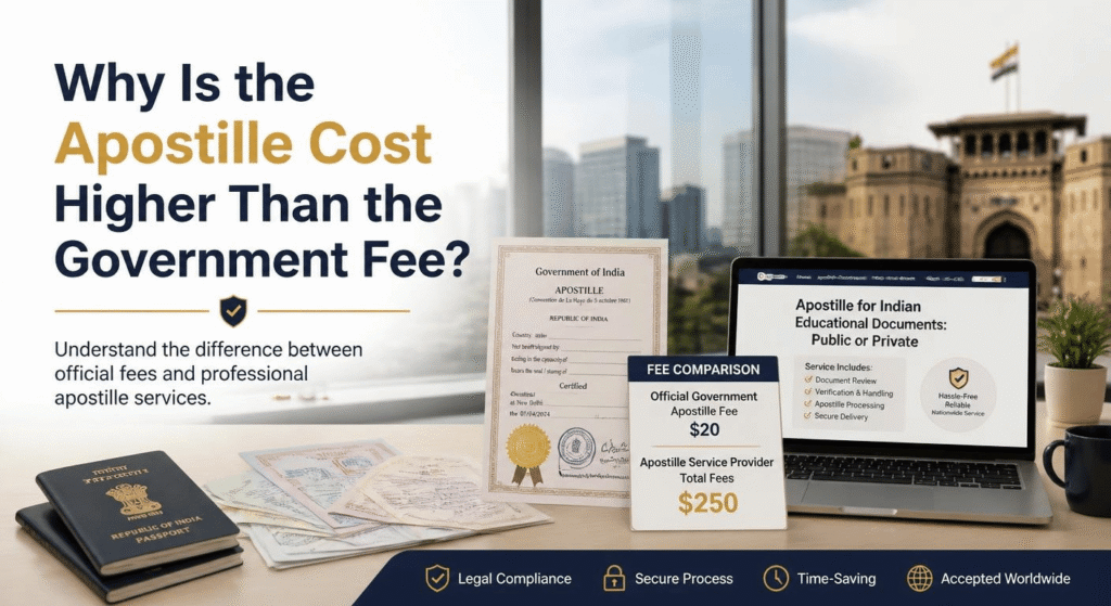 Apostille document with government fee and additional processing costs